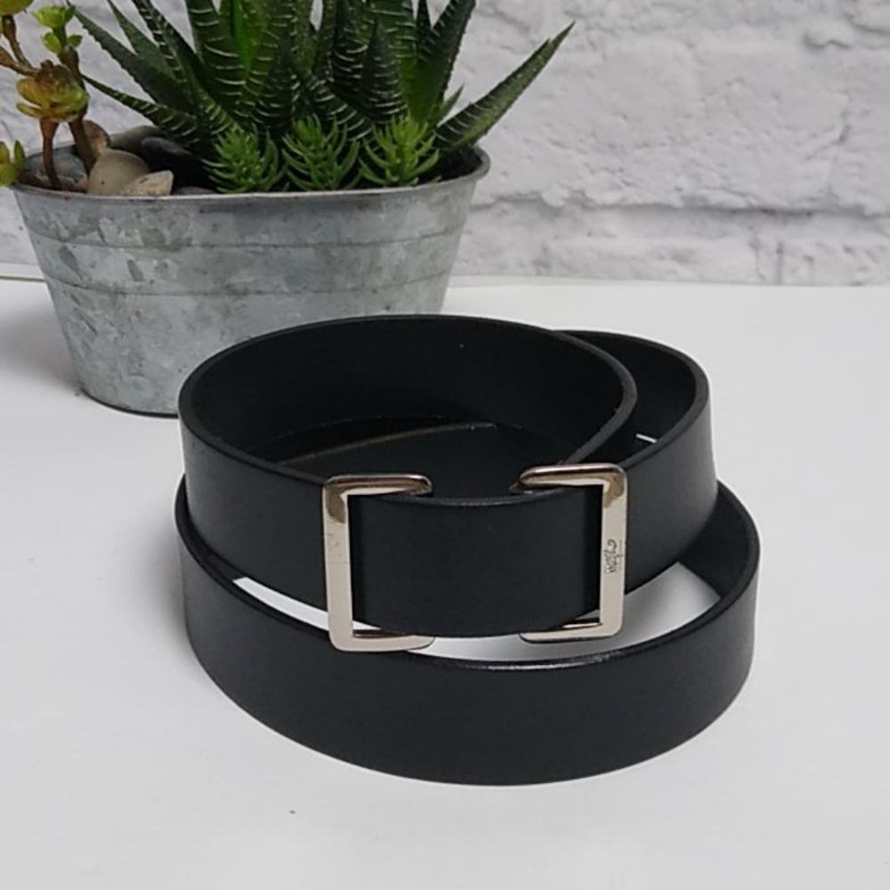 Classic Black Leather Belt Silver Buckle - Size L